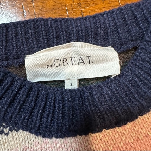 THE GREAT. Striped Crew Neck Sweater in Navy Red Green Cream - Picture 8 of 10